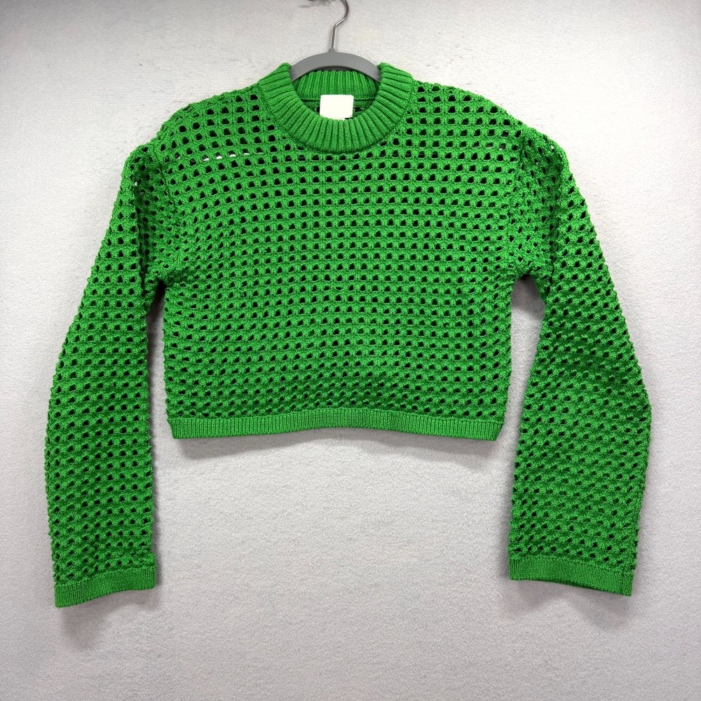 H&M Crop Sweater Women XS Green Open Hole Knit Design Dropped Shoulders Pullover